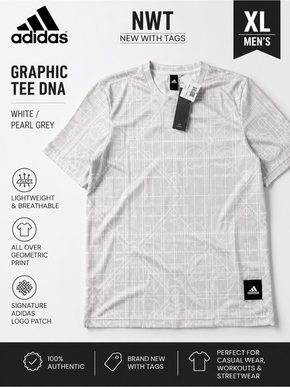 NWT Adidas Graphic Tee DNA White Grey Geometric Print Shirt XL